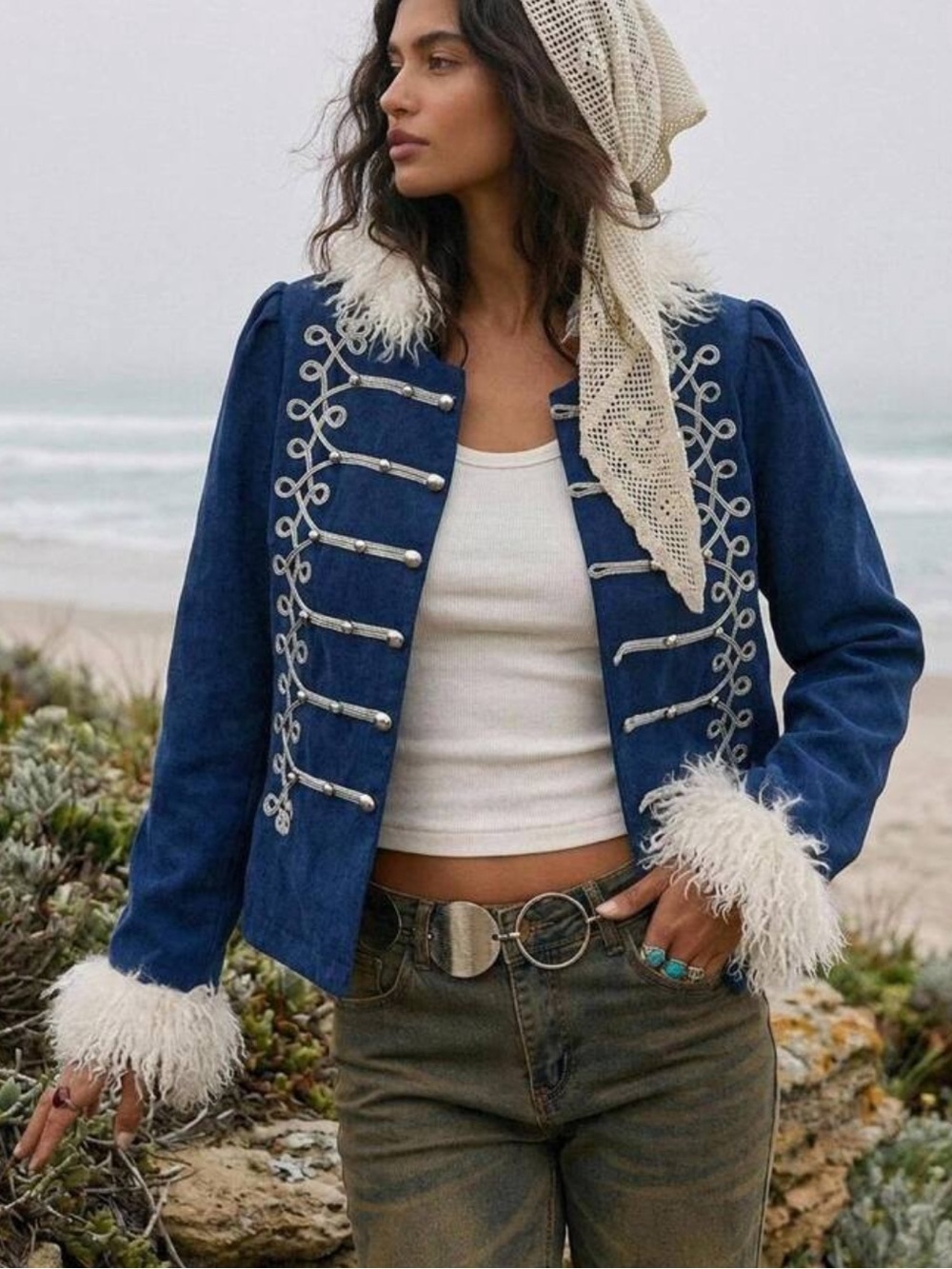 Floral Embroidery Fuzzy Trim Open Front Coat Night Out White Autumn Wint